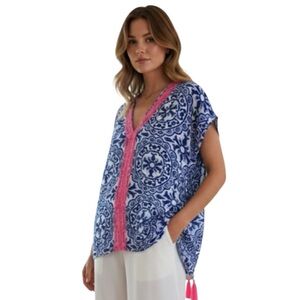 Lilly Pulitzer Sydney Caftan Top XS Cobalt Blue White Pink Tassels
FF